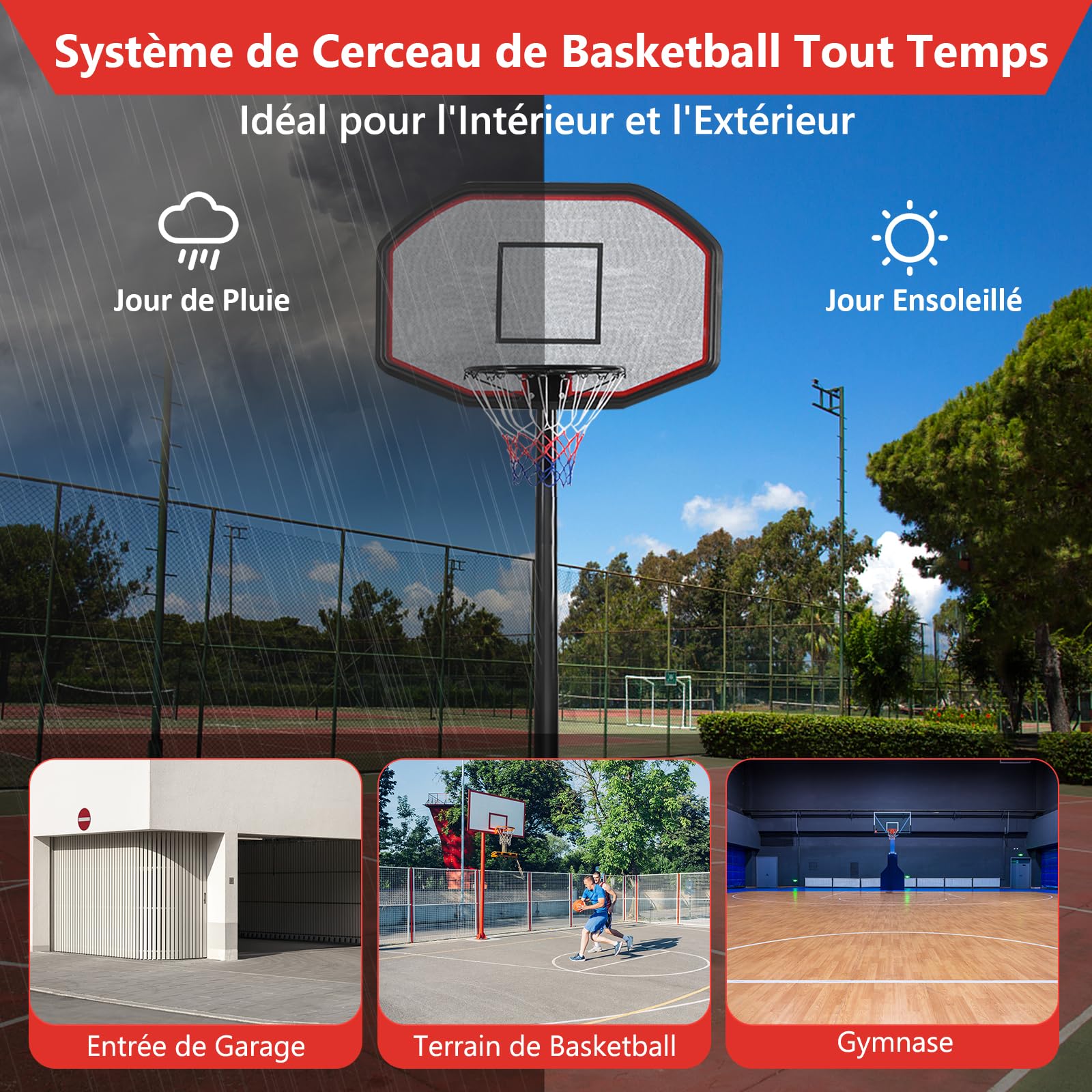GYMAX Panier Basket Exterieur pour Enfants Adultes, Hauteur Réglable 220-305cm, Mobile avec Roues, Base Remplissage d'eau ou Sable, Structure Stable Triangulaire