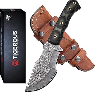 Survival Tracker Knife with Scout Horizontal Carry Sheath - G10 Handle Full Tang Fixed Blade Damascus Steel Hunting Knife for Bushcraft Camping Hiking Outdoor Knives for men - TIGEROUS