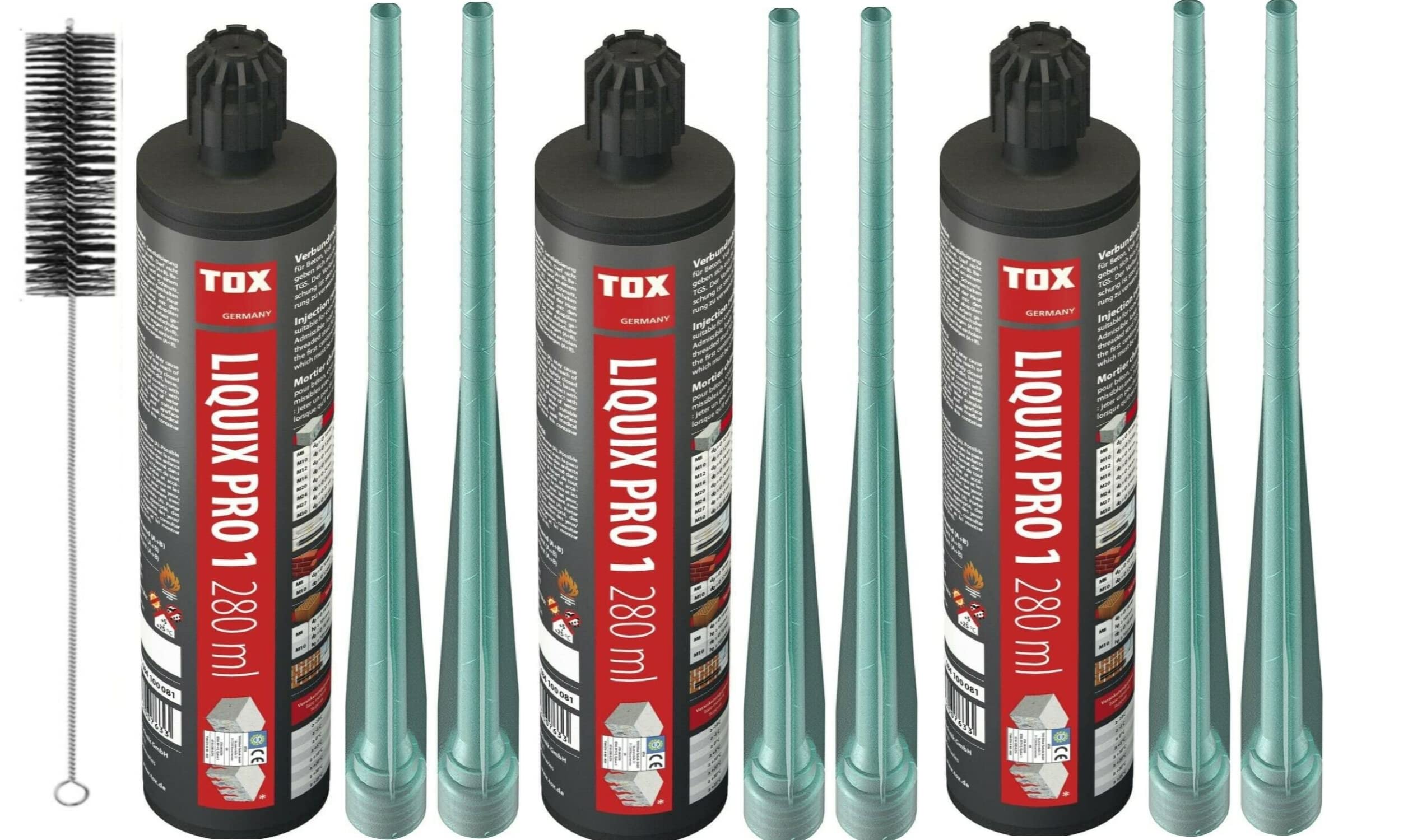 Tox Liquix Pro1 280 ml | 2K Injektionsmörtel | Verbundmörtel | Chemiedübel Beton & Mauerwerk | inkl. 6x Mischer| Schwerlastbefestigung | Montagemörtel Klebeanker (3x 280ml)+BTG Bürste