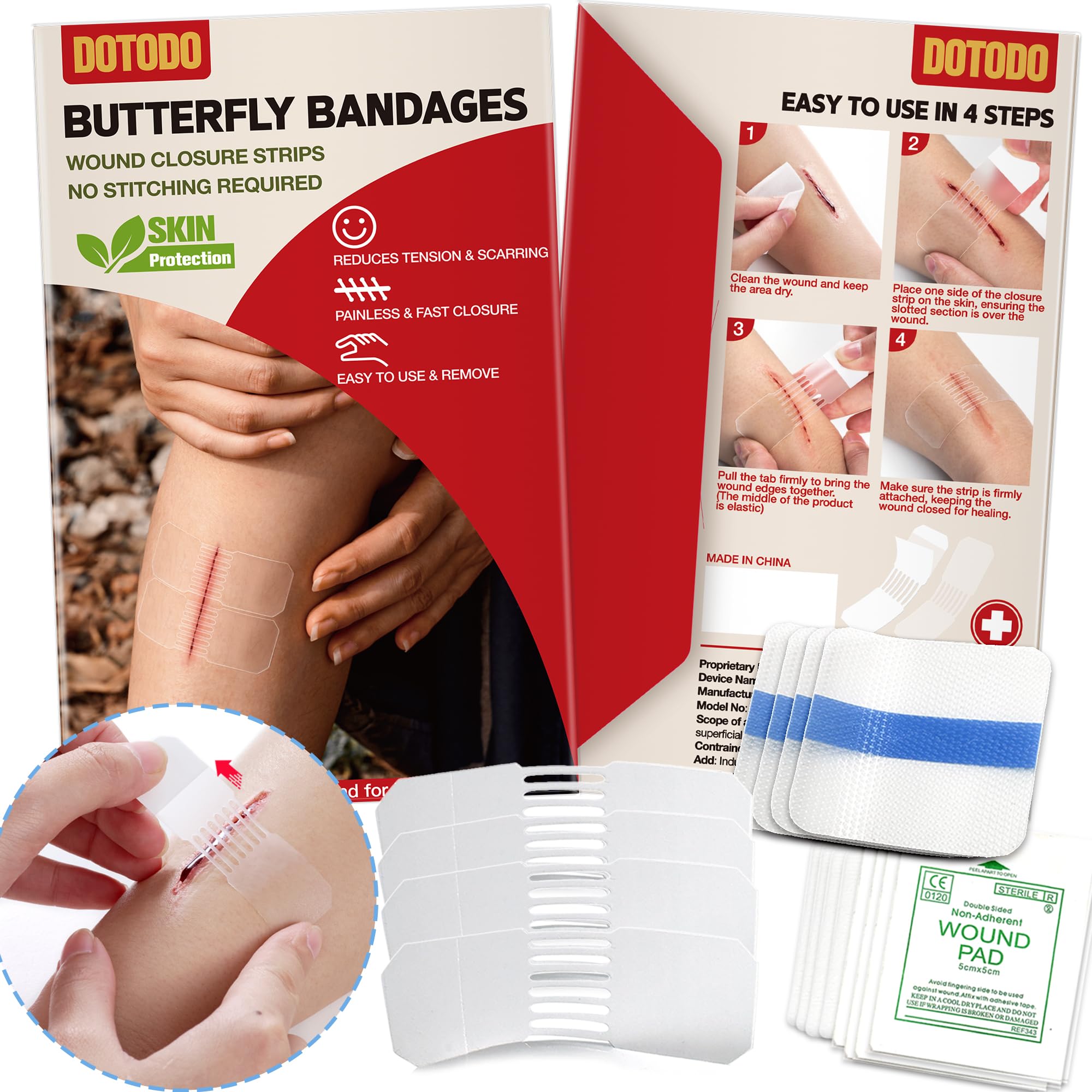 Emergency Wound Closure Strips - HSA/FSA Eligible - Dotodo 4PCS Laceration Closure Kit - Sutures Butterfly Bandaids | Stretchable & Shrinks Back to Close The Cut