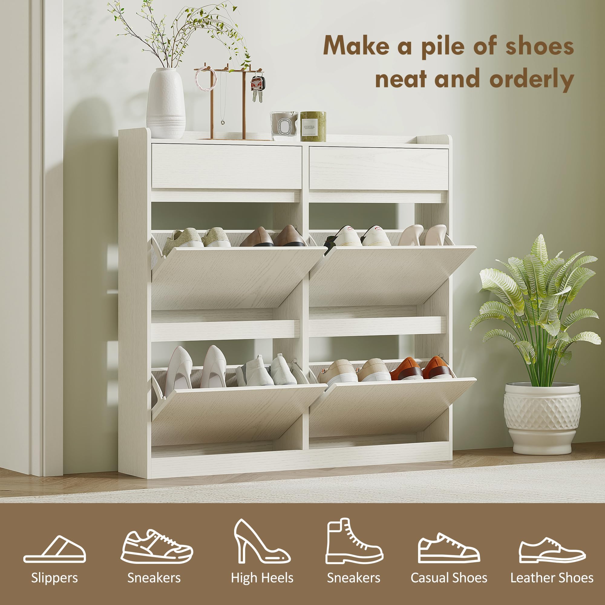 HOMCOM Scarpiera Salvaspazio Slim Porta Scarpe 98x19.2x95.3 cm Bianco | 4 Ante a Ribalta, Scarpiera Ingresso, 2 Cassetti Scorrevoli in Legno, per 8 Paia