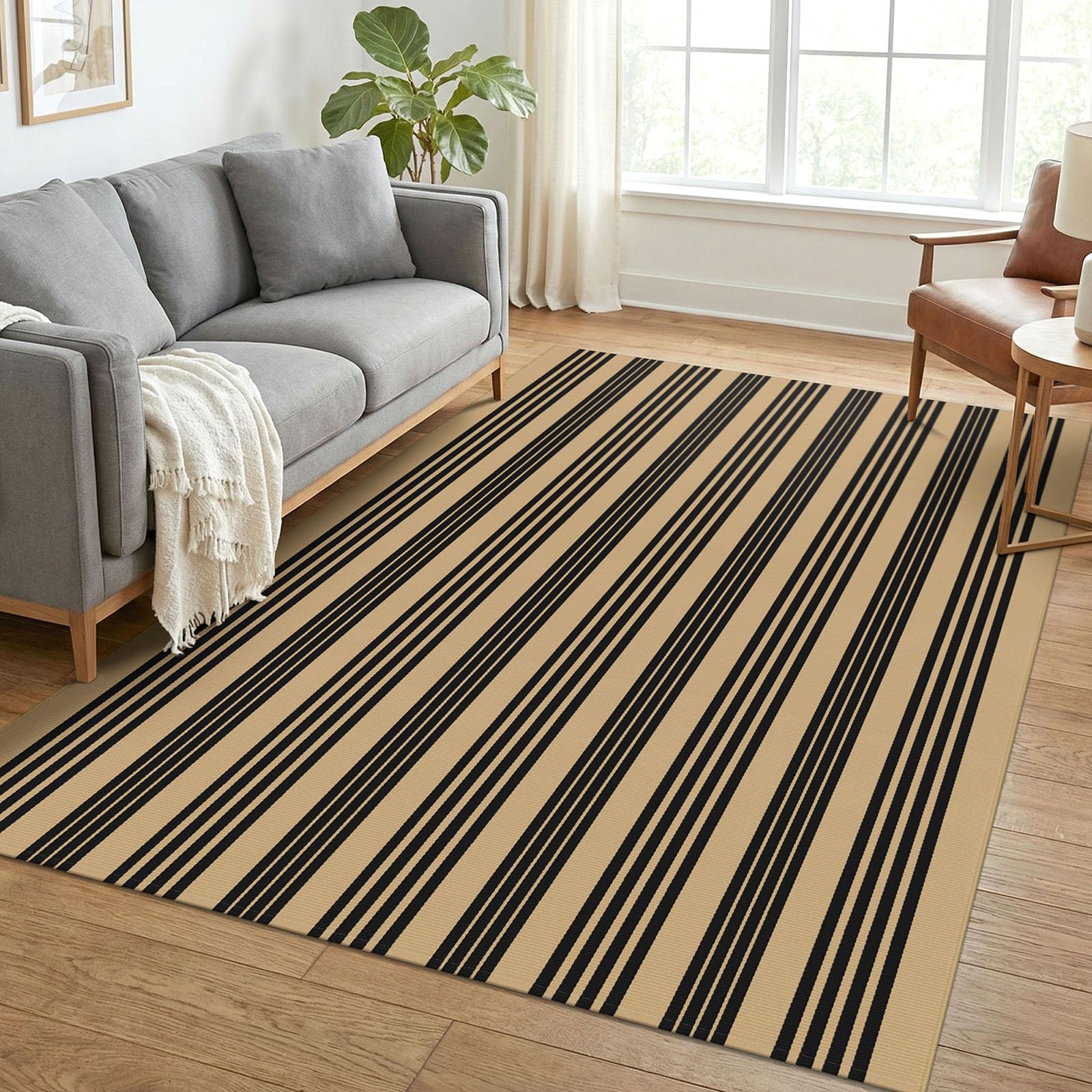 KOZYFLY Brown and Black Rug 5x7 ft Area Rug Woven Washable Striped Rugs — image 1