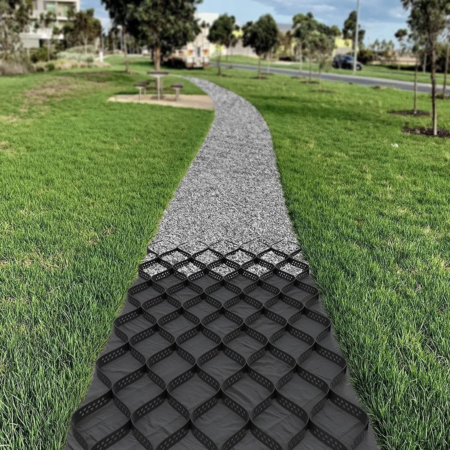 Wytrzymały stabilizator podłoża o strukturze plastra miodu do chodników, podjazdów i parkingów – układarki polietylenowe do cięcia (5 x 5 m / 16.5ft) – trwałe rozwiązanie podtrzymujące żwir i glebę