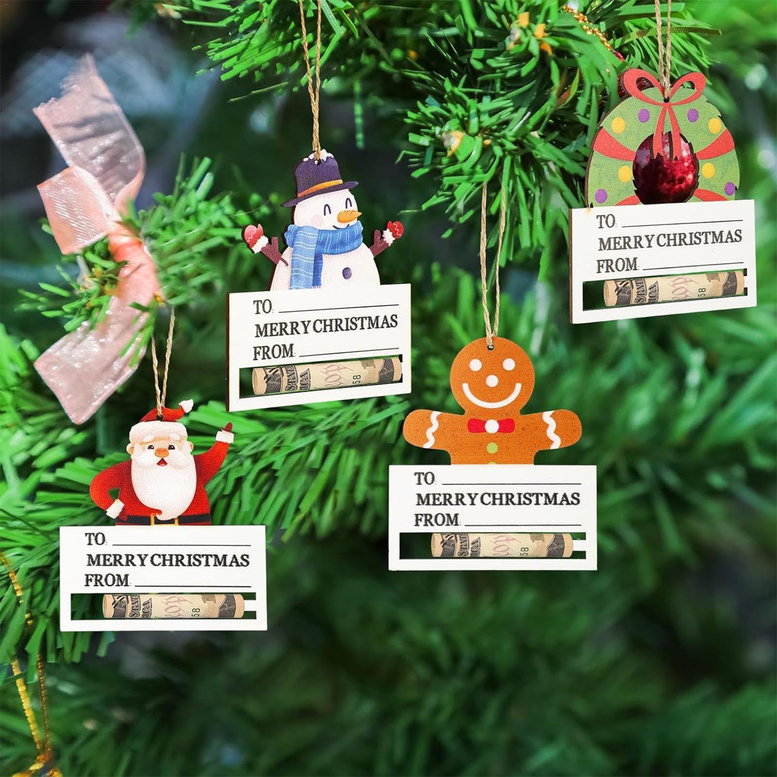 Porta dinero de Navidad para dinero en efectivo, 8 tarjetas de Navidad de madera, adornos de dinero para árbol de Navidad, tarjeta de dinero para dinero en efectivo