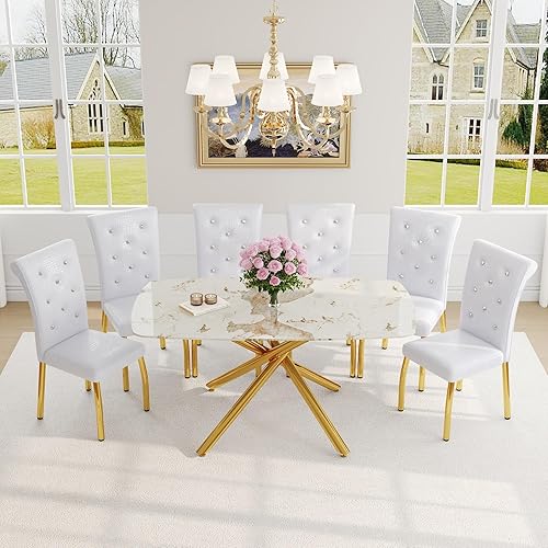 Miniatura 49 de Juego de mesa de comedor moderno de 63 pulgadas para 6 personas, juego de 6 mesas de comedor de cristal con patas de metal plateado, mesa de cocina