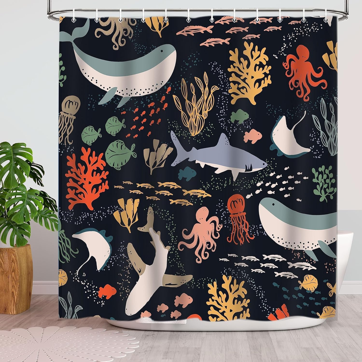 Cute Kids Shark Shower Curtain for Bathroom, Ocean Cartoon