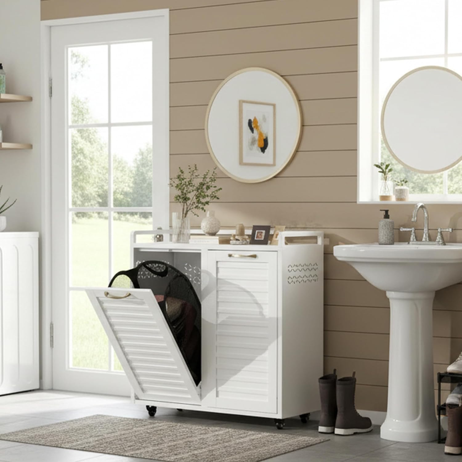 Double Laundry Hamper Cabinet, Metal Hidden Laundry Cabinet with 2 Removable Baskets, 30 Gallon Laundry Hamper, with Lockable Casters & Stationary Feet, for Bathroom, Bedroom, Laundry Room