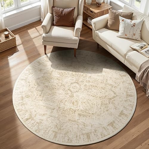 Miniatura 121 de Alfombras Redondas Beige de 4 pies, Alfombra Circular Pequeña Antideslizante Lavable de Pelo Bajo y Fina para Entrada, Cocina, Comedor, Alfombra