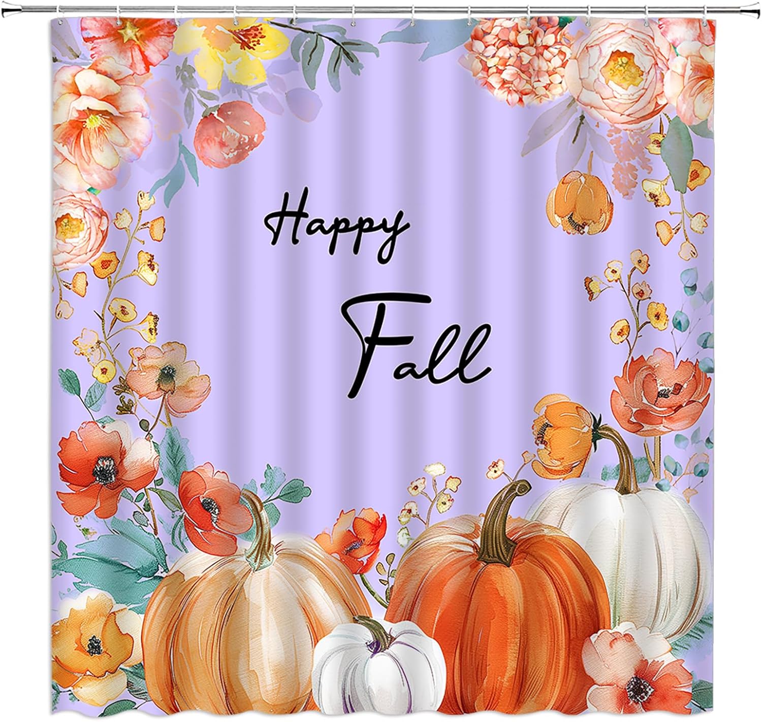 Happy Fall Shower Curtain Autumn Pumpkin Watercolor Flower Leaf Boho Thanksgiving Harvest Seaeon Modern Farmhouse Bathroom Curtain Fabric with Hooks(84" Wx70 H)