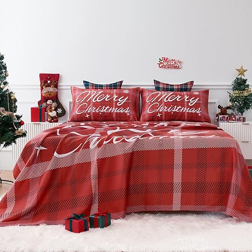 Miniatura 1 de YIYEA Sábanas de 100 % algodón tamaño matrimonial, sábanas de Navidad, sábanas de Navidad de 800 hilos de lujo vibrante, bolsillo profundo de 16