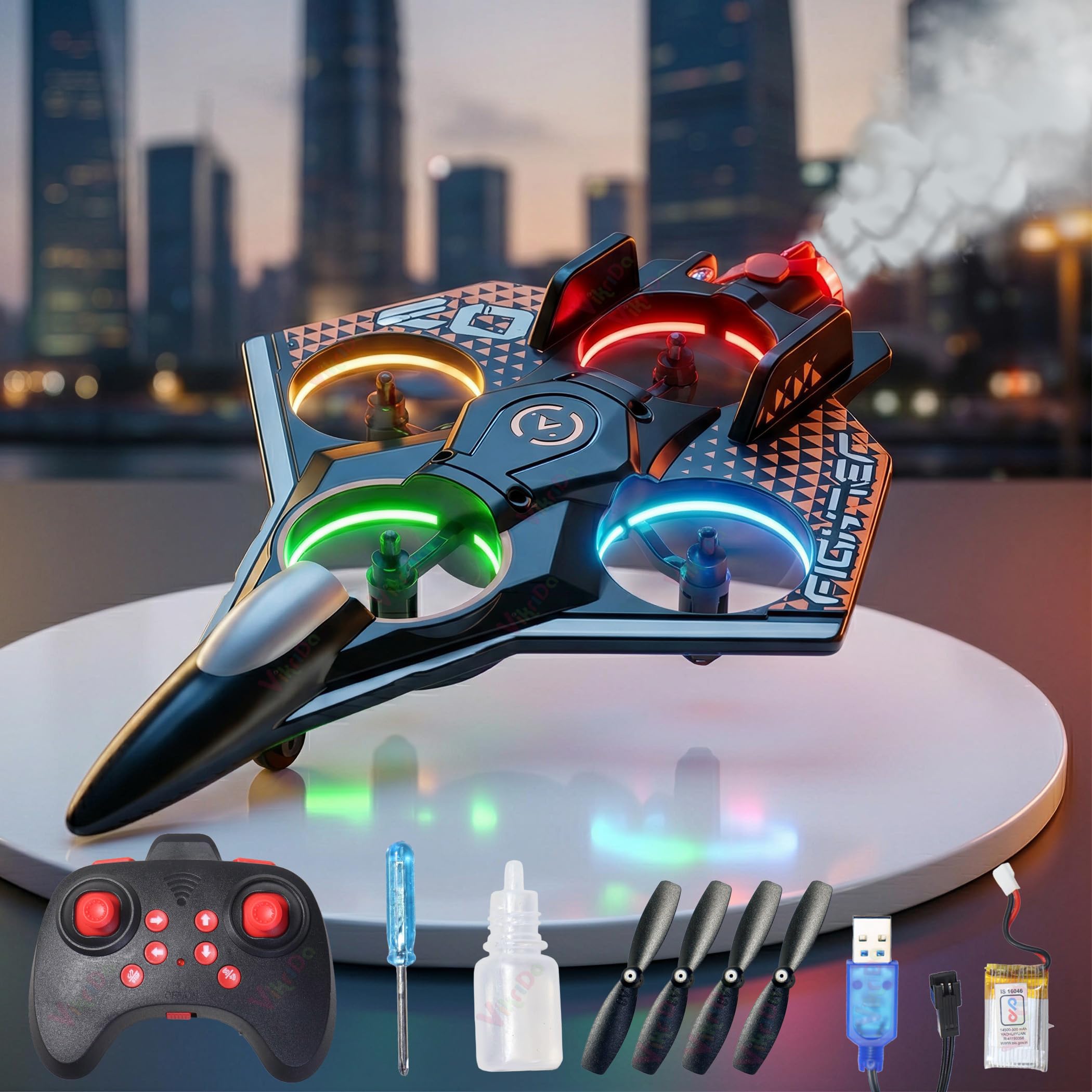 VikriDA RC Fighter Jet Airplane with LED Lights and Smoke Effects – 360° Flip Stunt Flying Toy, Remote Control Aircraft for Kids & Boys-image-1