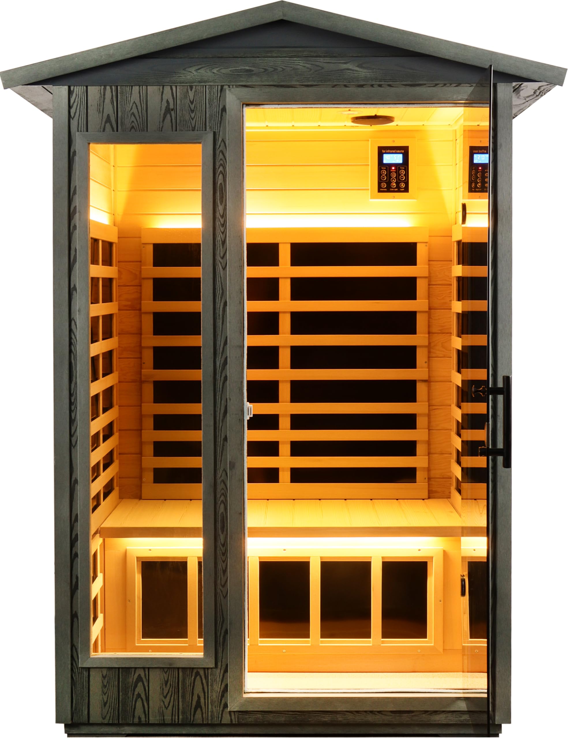 LTCCDSS Ultra Low EMF Outdoor Sauna 2 Person, Carbonized Composite Wood Far Infrared Sauna for Home, EMF 0.1-1mG, 6 Carbon Crystal Heaters, Bluetooth &amp; Chromotherapy (57.8 * 40.5 * 81.1 in)