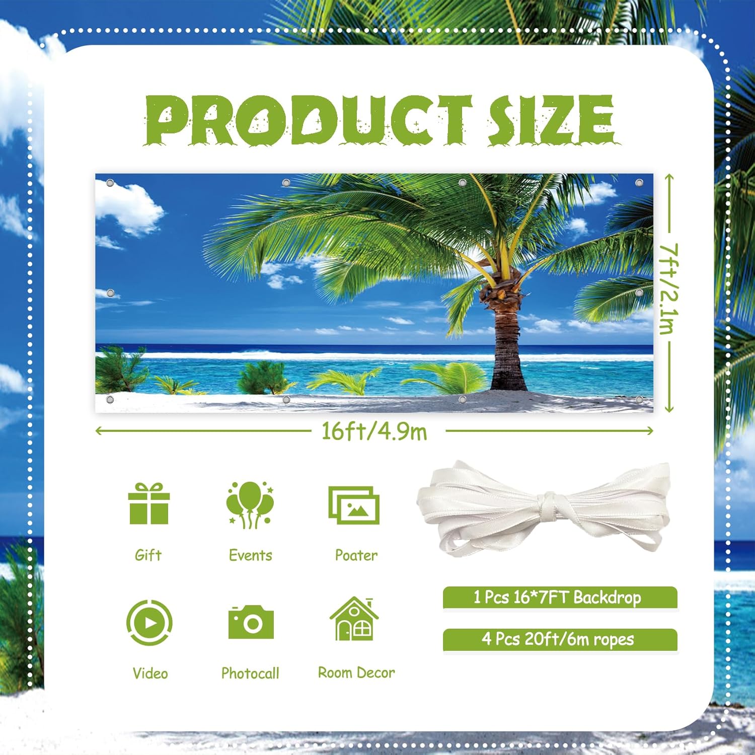 CSFOTO 7x16ft Tropical Beach Garage Door Decorative Banner Summer Palms Blue Sky White Clouds Garage Decorative Mural Wallpaper Aloha Luau Theme Summer Outdoor Party Banner