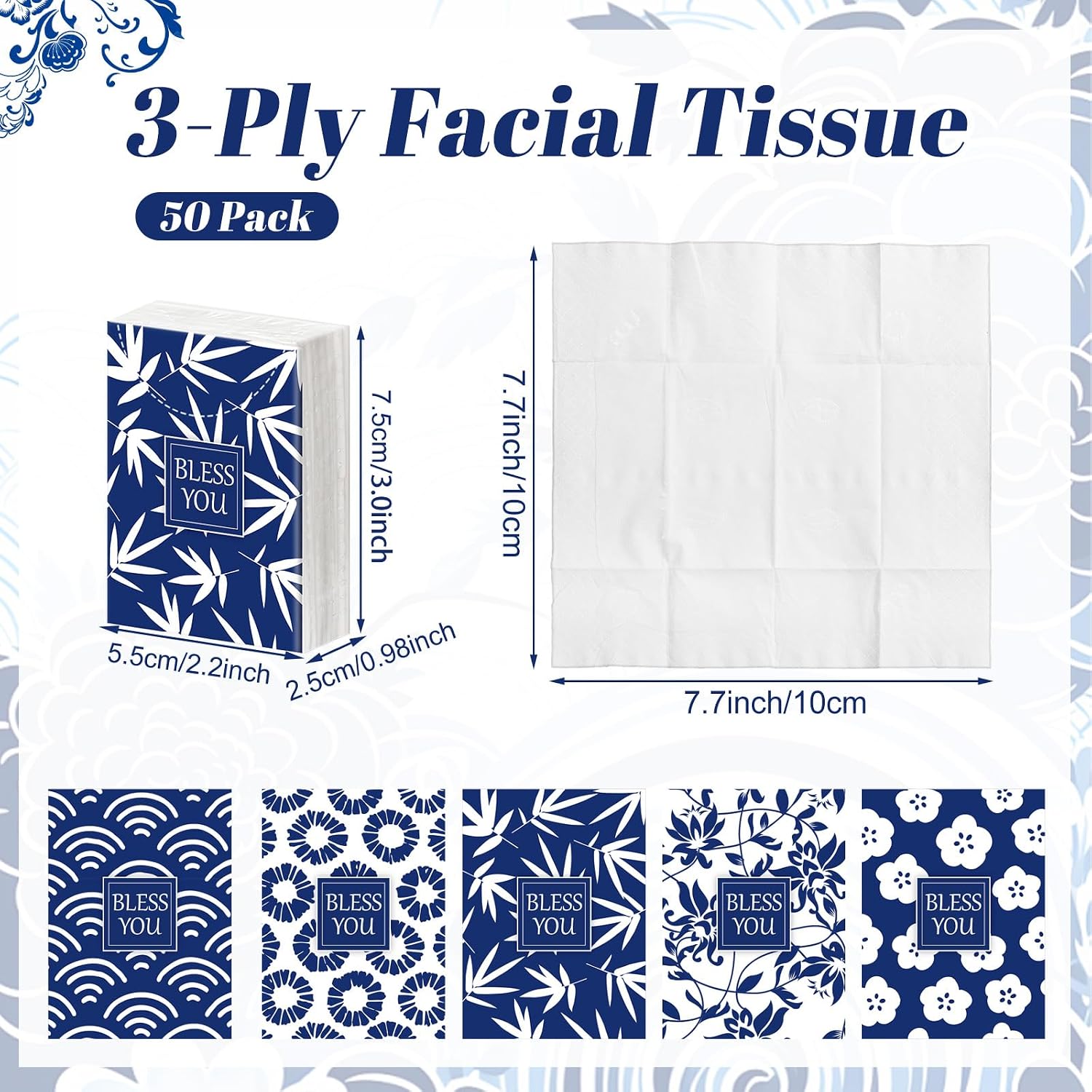 Outus 10 Packs Christian Pocket Tissues, Blue Floral Travel Facial Tissue image 2