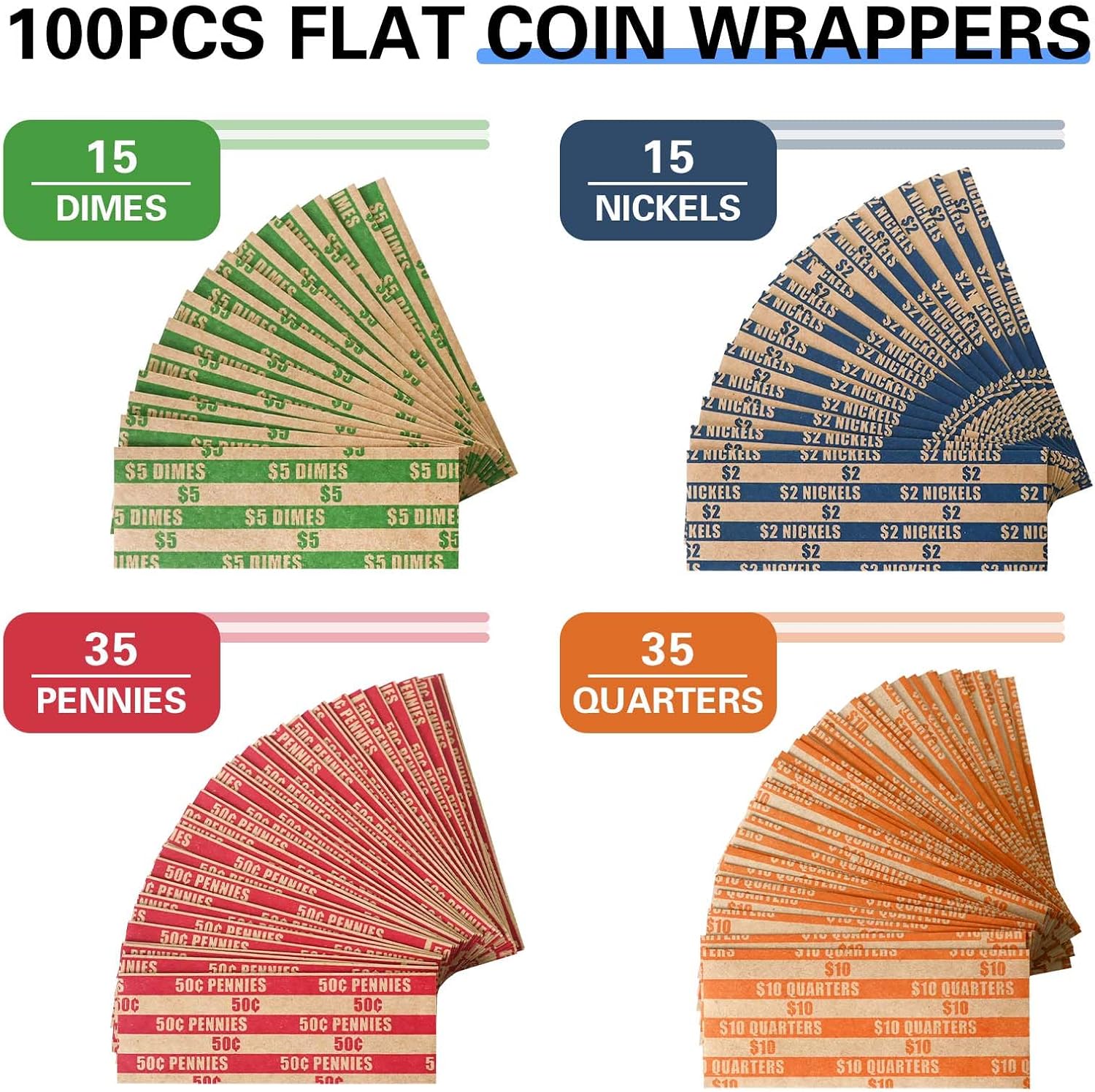 ESSENTIAL 100 pcs Assorted Packed Flat Stripped Coin Wrappers, Coin Rolls Wrapper for Quarters, Dimes, Nickels, Pennies