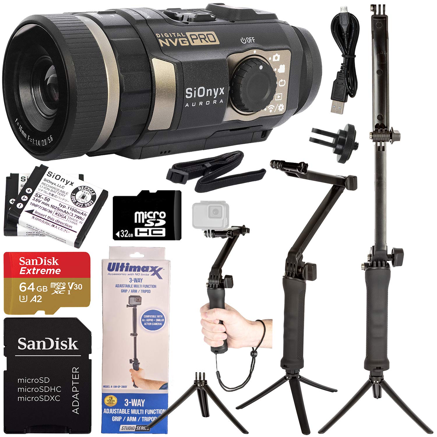 SiOnyx Aurora PRO Night Vision Sports & Action Camera Bundle - Includes: Manufacturer Accessories, SanDisk Extreme 64GB microSD Memory Card, Multi-Function Grip/Arm/Tripod/Selfie Stick & Mount Adapter