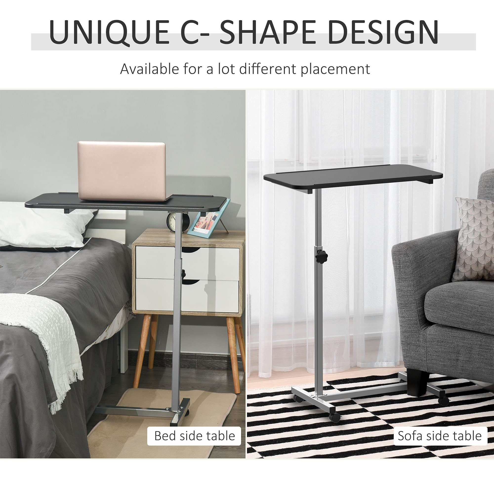 HOMCOM Tavolino con ruote, 77 x 40 x 76-100 cm, nero e argento | Tavolo per divano e letto, altezza regolabile, telaio in acciaio, per camera da letto, soggiorno, ufficio