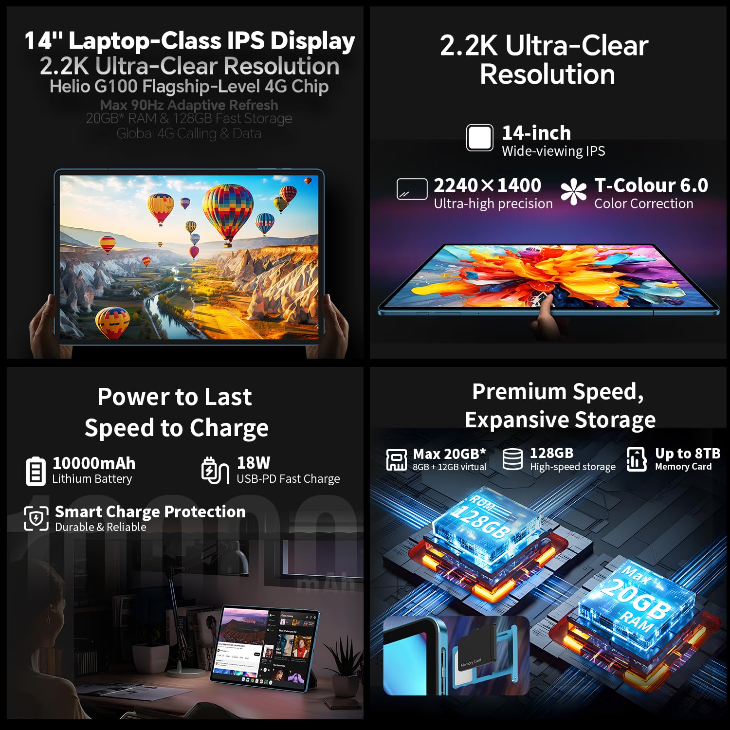 TECLAST T70 Tablette 14 Pouces 2.2K Tablet Gaming, Helio G100 2.2GHz Octa-Core, 10000mAh/18W, Dual SIM 4G LTE, 20Go RAM+128Go+8To TF/Widevine L1/GPS/13MP/Gemini AI Android Tablette Tactile avec Stylet