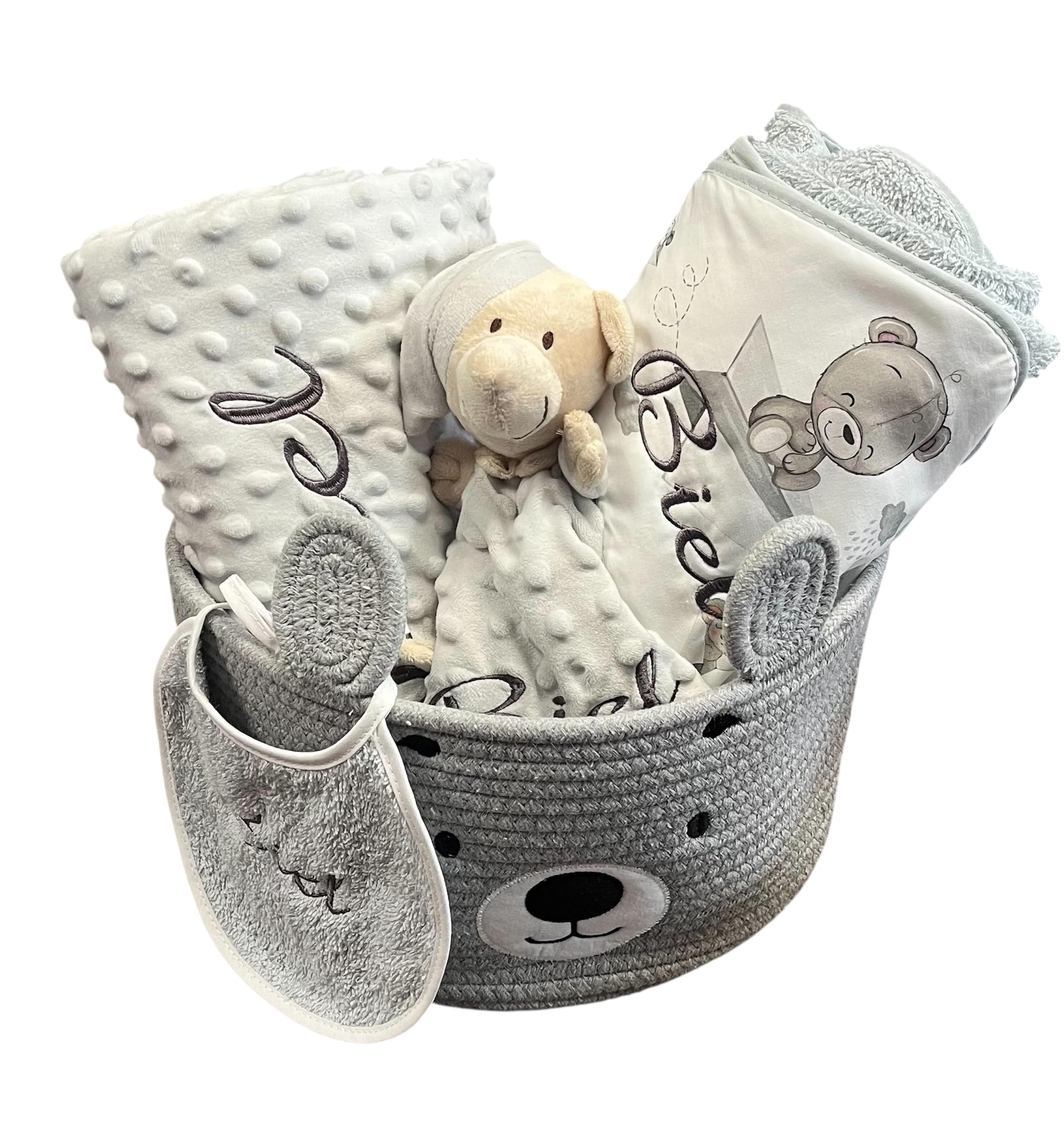 Danielstore Canastilla Bebé Personalizada | Set Regalo para Recién Nacido, 50% algodón 50% poliéster | Incluye manta, dou dou, toalla baño, babero Cat gris