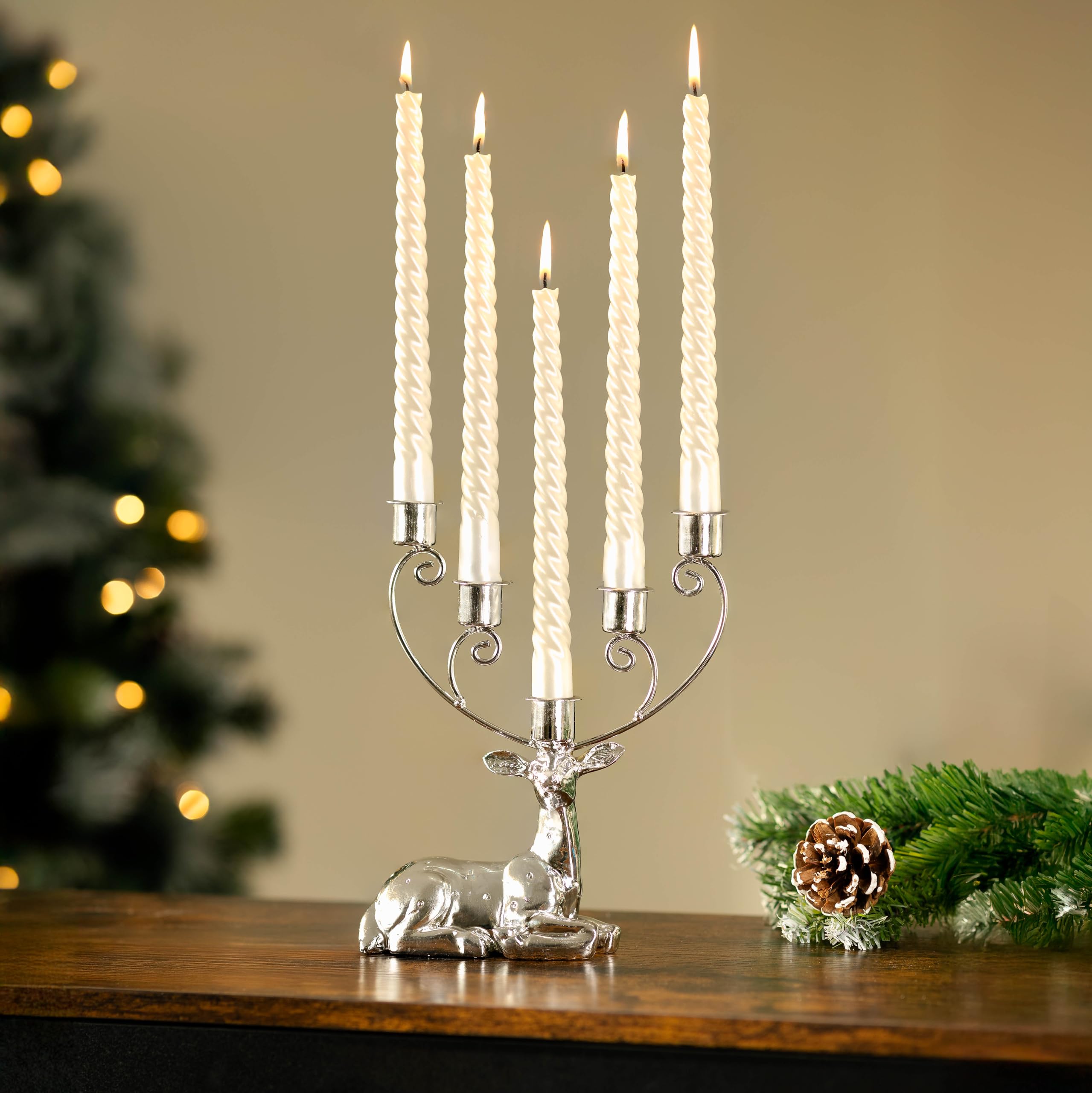 Garden Mile Portacandele in argento con cervo per candelabri contiene 4 candelieri, perfetto per centrotavola da tavolo, decorazione, caminetto, ornamenti, candelabri, portacandele
