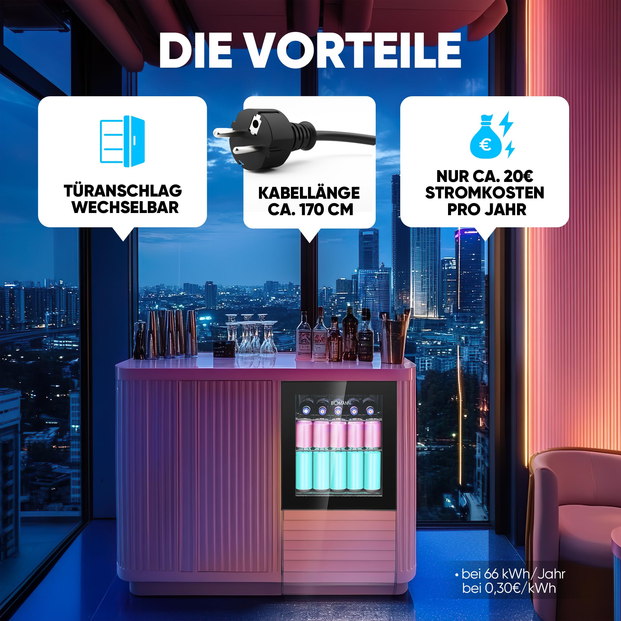 Bomann KSG 7291 Getränkekühlschrank 46L Glastür 42dB leise Mini Kühlschrank