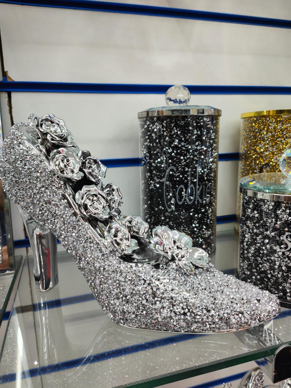 Biznest Crushed Diamond Silver Crystal, Stunning Sparkly Flower Heel Shoe Ornament Home
