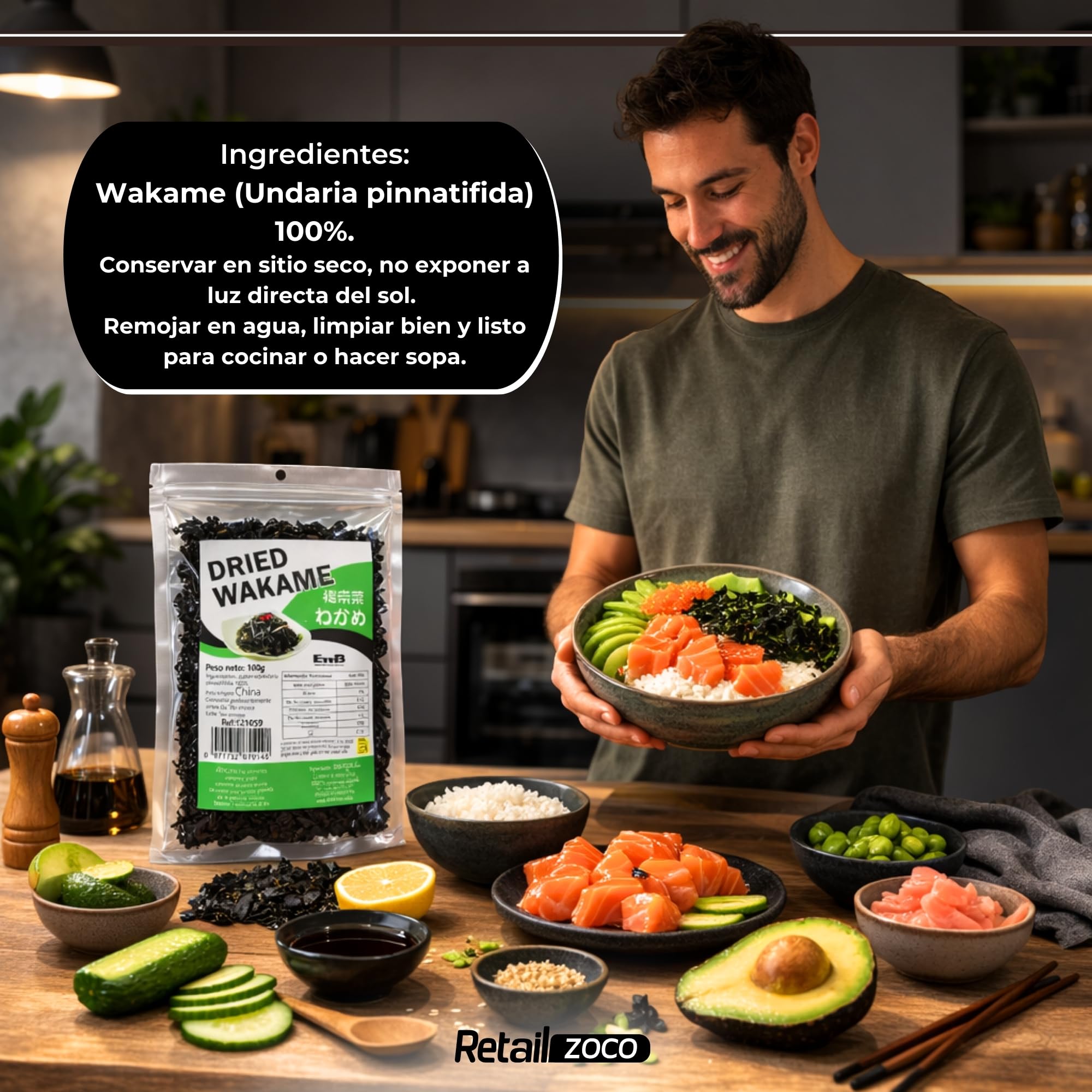 Wakame Sushi, Alga wakame deshidratada, ideal para ensaladas, combinar con verduras, añadir a sopas o hacer caldos, etc., Ensaladas y más, Contiene 1 bolsa de 100 gr