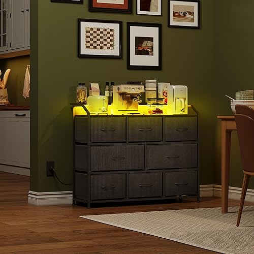 Miniatura 4 de WLIVE Cómoda LED para dormitorio, soporte de TV negro para dormitorio con luces LED y toma de corriente, cómoda ancha para pasillo, 8 cajones de