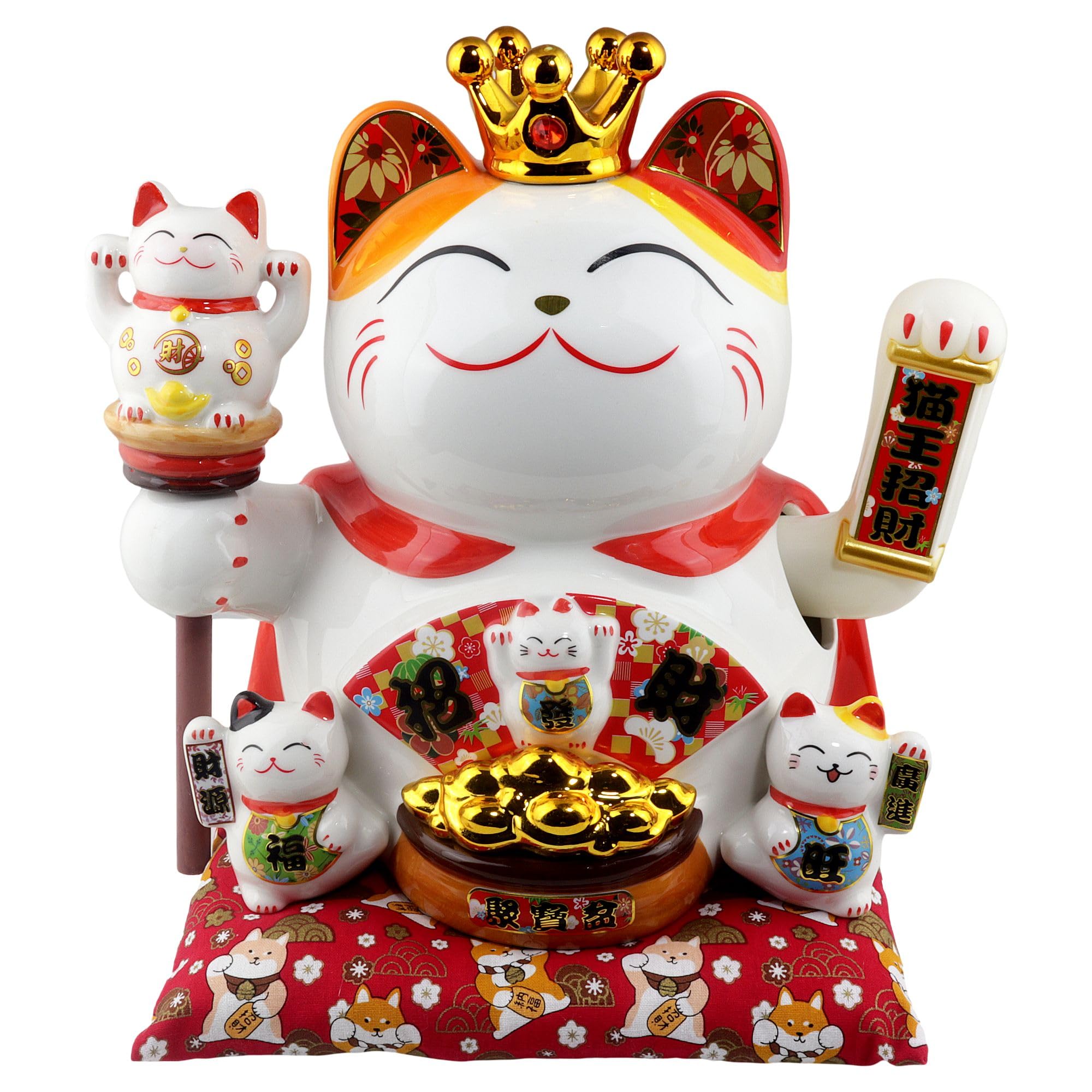 Freak Scene Agitando Gato Chino Maneki-Neko Corona Porcelana 26cm Gato Saludando Blanco Lucky Cat