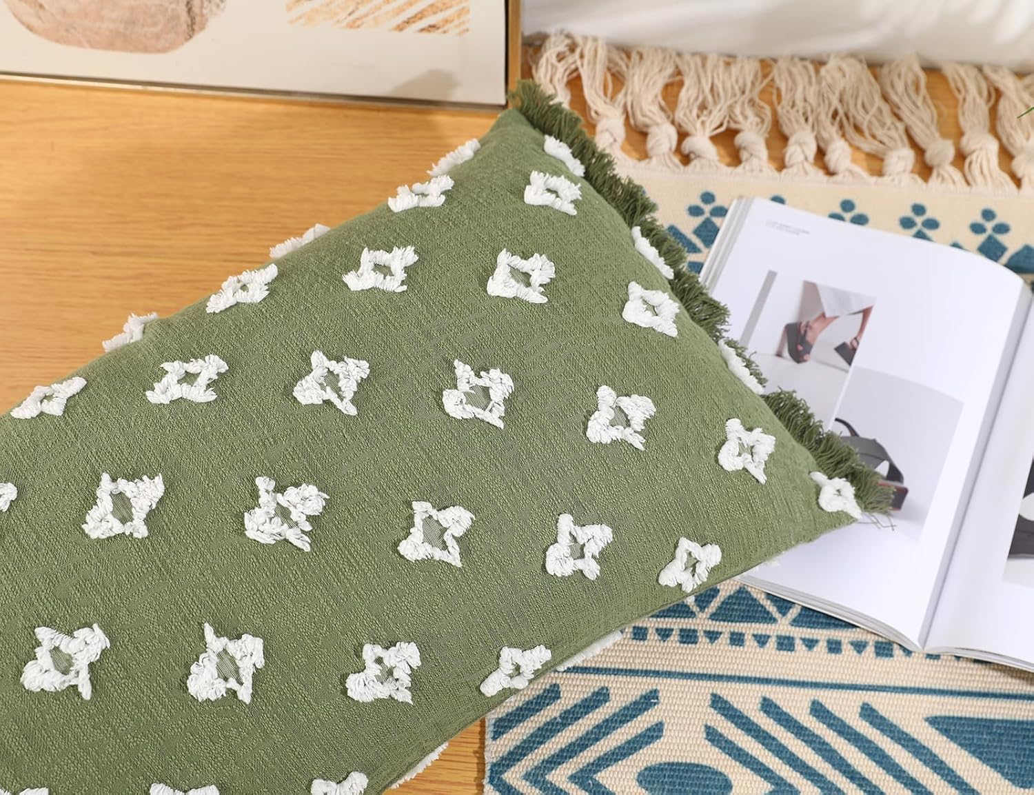 Boho Long Lumbar Pillow Cover 12x24 with Tassel,3D Flower Patterned Cotton Decorative Long Lumbar Pillow Cover Pillow Case for Sofa Couch Bed Livingroom Farmhouse,Sage Green