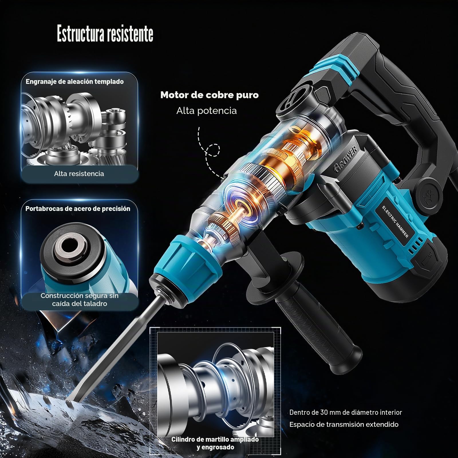 3 en 1 martillo demoledor,1500W martillo percutor Con 6 brocas y cinceles,energía de impacto de 12 J,diámetro de la broca: 40 mm,taladro percutor mango antivibración y embrague de seguridad