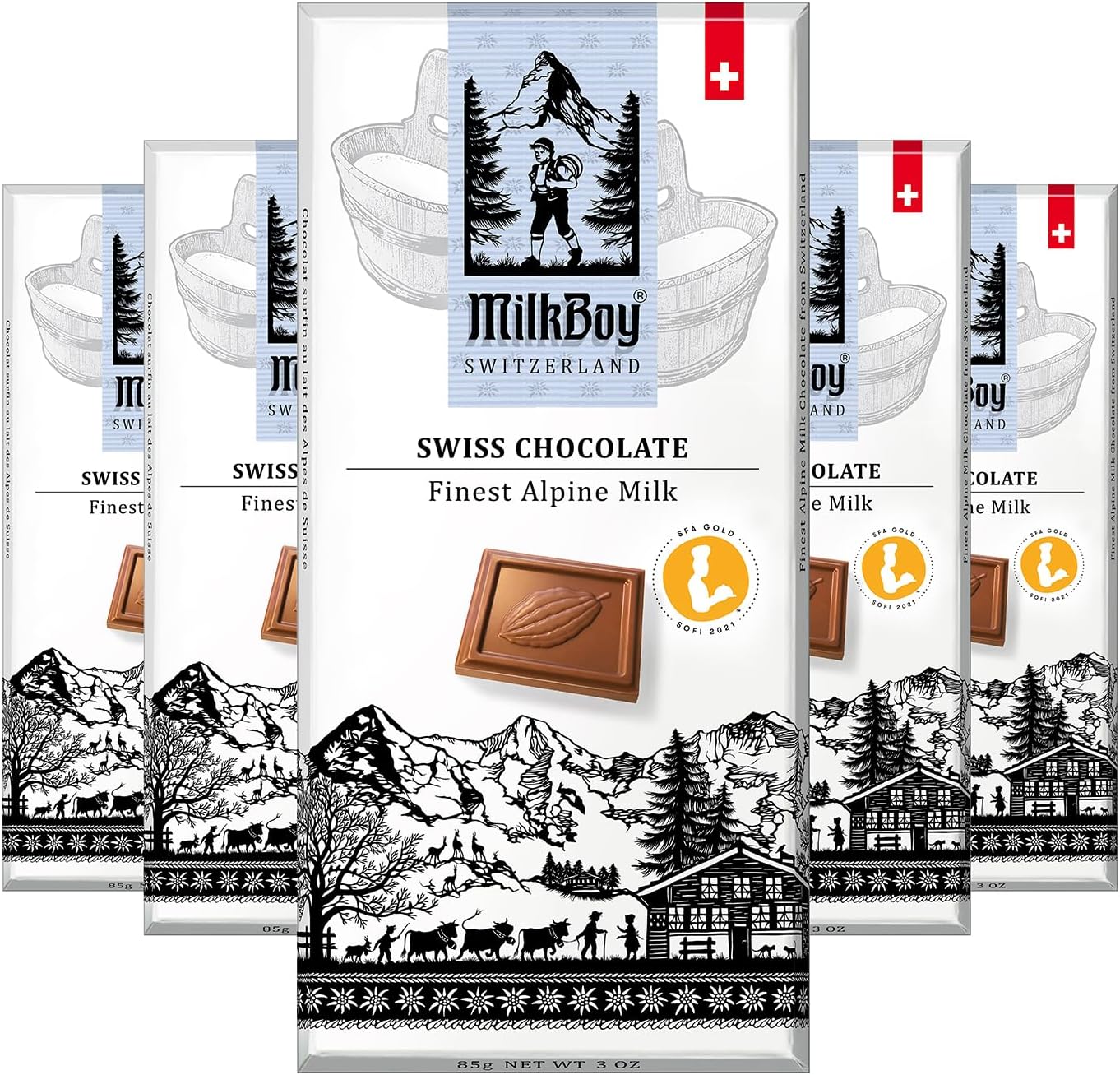 Chocolate Bars - Premium Swiss Alpine Milk Chocolate - Smooth European Milk Chocolates Gift - Sustainably Farmed Cocoa - Gluten Free - 3 oz, Pack 5