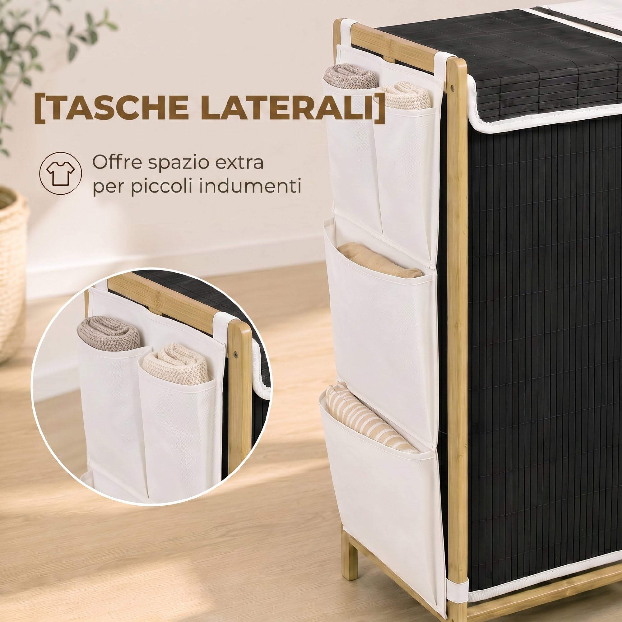 HOMCOM Cesto Portabiancheria 2 Scomparti 120L Coperchi Bambù Nero/Bianco | Tasche Laterali, Sacchi Estraibili, Grande Cesto Biancheria Sporca, per Camera da Letto e Bagno