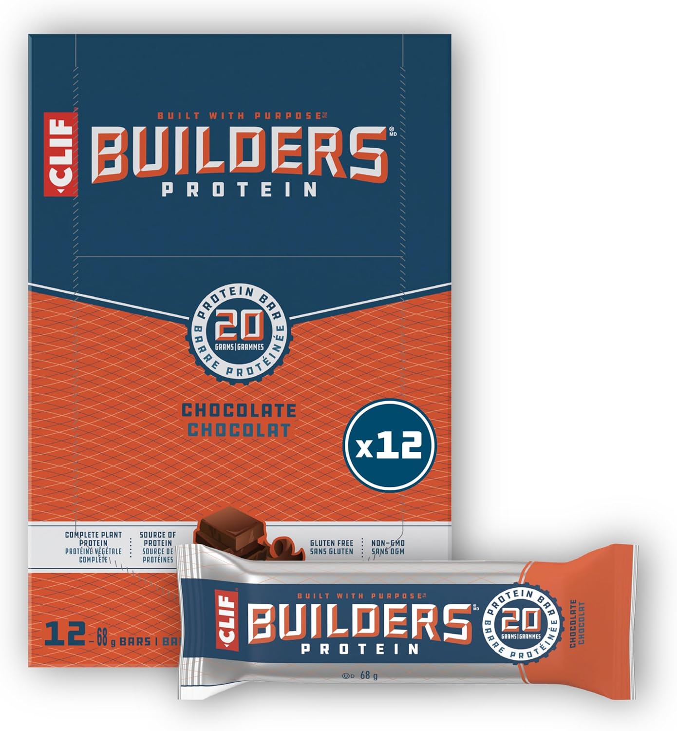 CLIF BUILDERS Protein Bars, Chocolate Flavour, 20g of Protein, Prepared in Canada, Gluten Free, No Artificial Sweeteners, 68 g (Pack of 12)