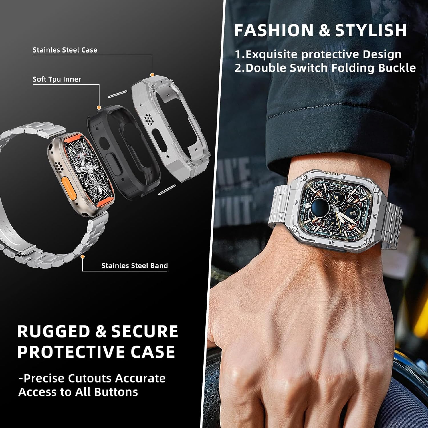 Businessl Stainless Steel Watch Case with Band Compatible with Apple Watch Series 11 10 46mm Band for Men,Metal Protective Bumper Cover iwatch Band with Strap,Silver - Image 6