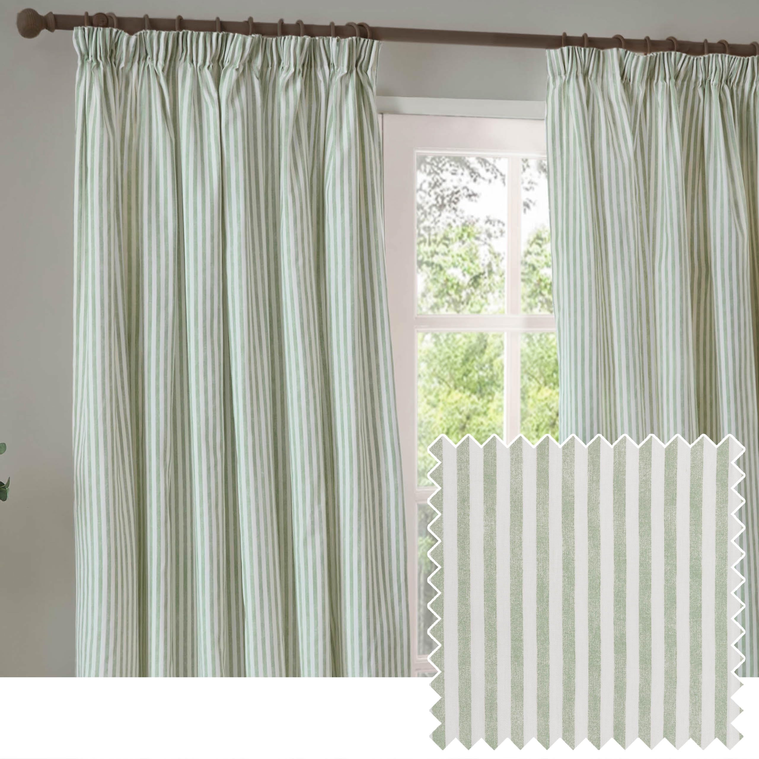 Yard Hebden Pencil Pleat Curtain Pair – Ultra Soft Cotton Lined Striped Curtains (Eucalyptus - 117x183cm) — image 1