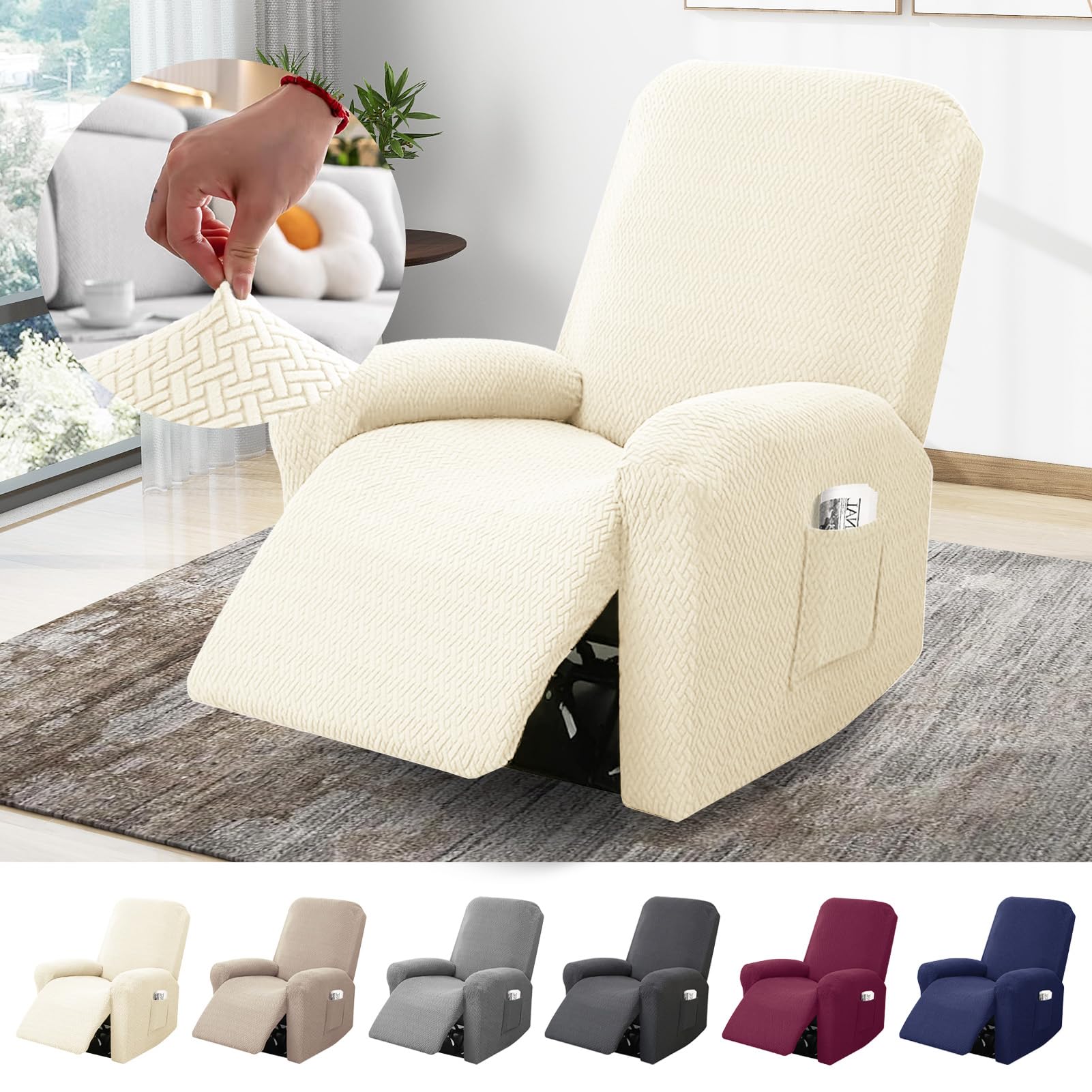 BOYIFEIJIE 1-Seater Recliner Chair Cover, All-Inclusive Striped Jacquard Armchair Slipcover with Pocket, Non-Slip Stretch Recliner Protector for Living Room Recliner Chair (Beige, 4-Pieces)