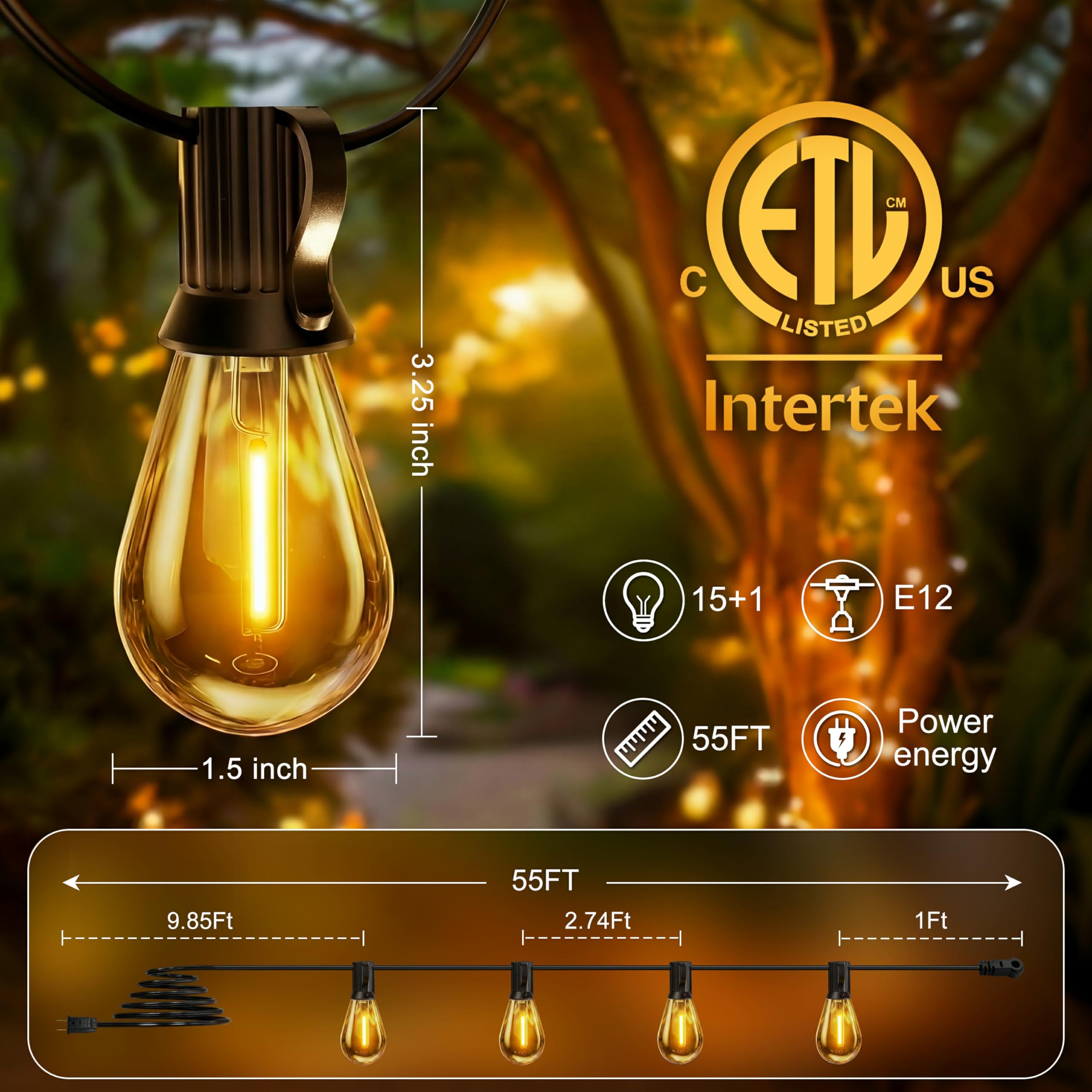 Ghirlanda di lampadine S11 per esterni, 17 m, con 15 lampadine + 1 di ricambio, impermeabile IP65, 2700 K, bianco caldo, per giardino, balcone, matrimonio, festa | Catena luminosa a LED da 17 m