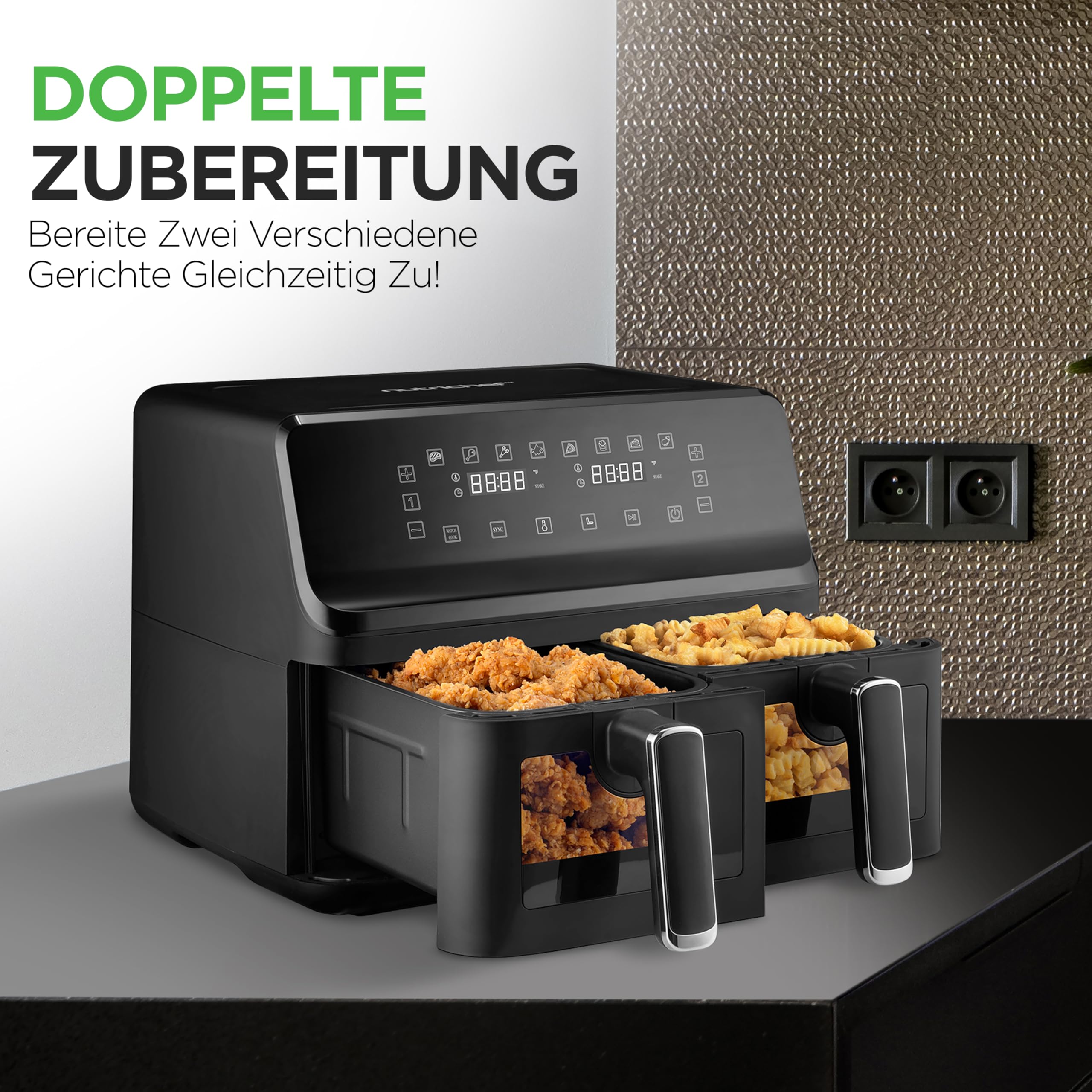 NutriChef Heißluftfritteuse XL Doppelkammer Airfryer ohne Öl – 2 Körbe 8.3L – Bild 2