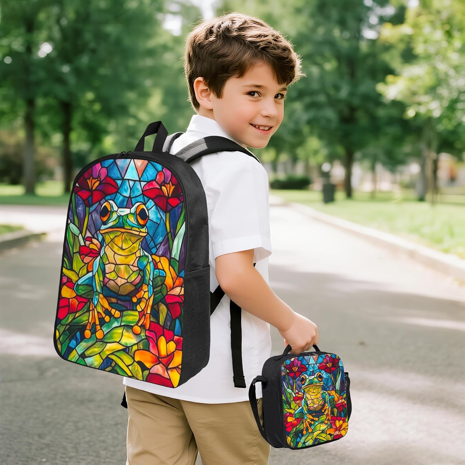 Frog Kid Backpack Set with Lunch Bag & Pencil Case Large Capacity School Bag 17 Inch Bookbag for Boy Girl - Image 2