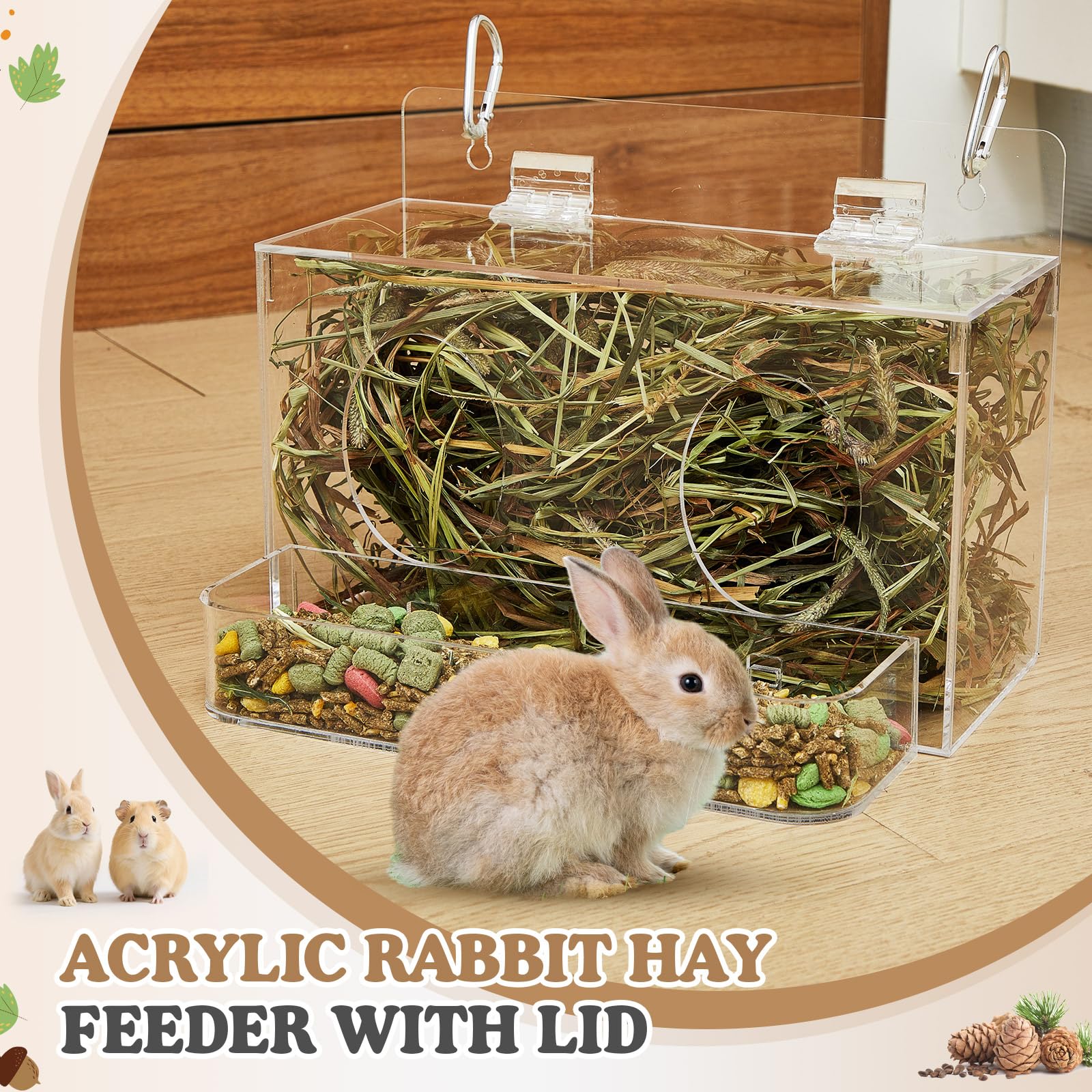 Honeydak Acrylic Rabbit Hay Feeder with Lid, Two in One Hanging Guinea Pig Hay Feeder with Hook Food Dispenser Bin for Bunny, Guinea Pig, Chinchilla - image 5