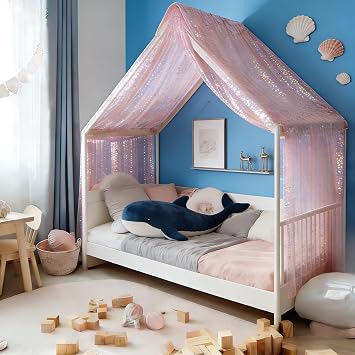 Pink Bed Canopy House Bed Canopy Twin Star Moon Princess Room Decor Kids Tulle Bedspread Scarf Light Pink Sheer Curtains W60 x L158