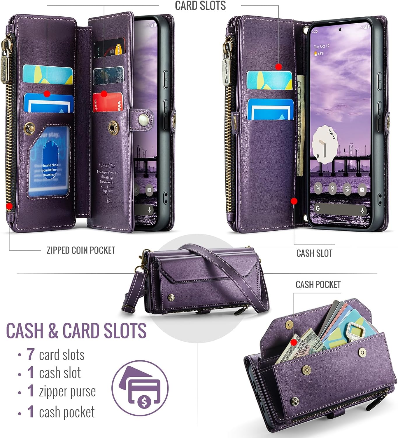 for Google Pixel 10a 6.3" Case, Women Men Multi-Function Wallet Case with Stand RFID Blocking Includes Shoulder Strap Wrist Strap Google Pixel 10a (Purple)