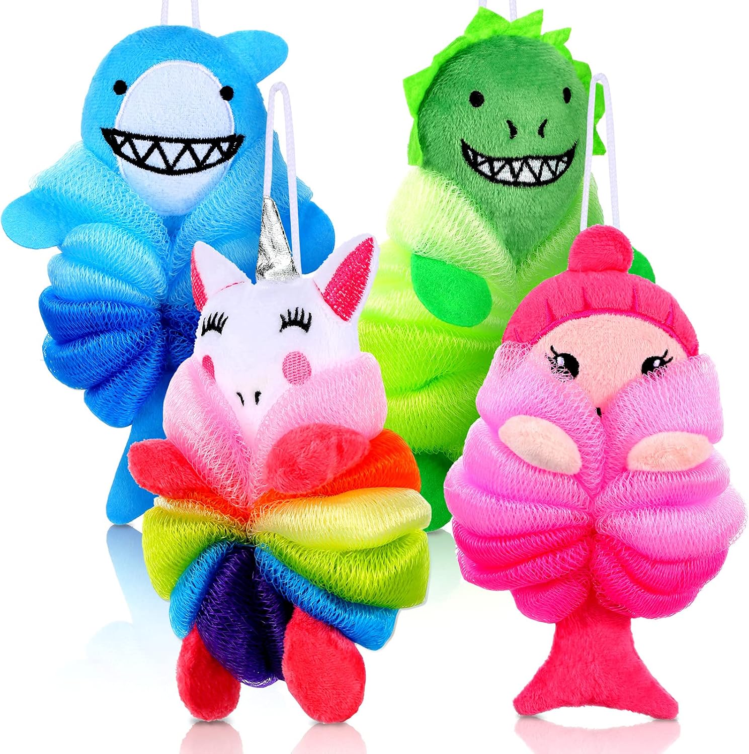 Tatuo 4 Pcs Animal Bath Loofahs Kids Body Loofah Cartoon Shower Cute Bath Sponge Pouf Body Scrubbers Mesh Sponge for Children Shower Baby Washing Exfoliating, 4 Style (Vivid Style)