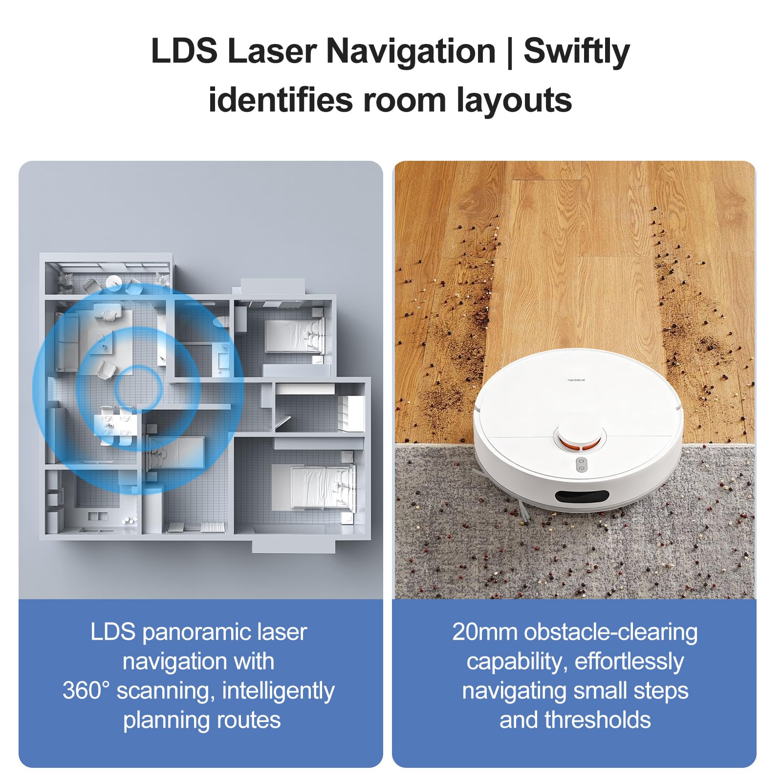 XIAOMI Robot Aspirador S40C con Navegación Láser LDS, Aspirador 5000Pa Succión, 4 Modos de Limpieza, Control por App y Voz, Robot Vacuum para Limpiar Pelo de Mascotas, alfombras y Suelos Duros