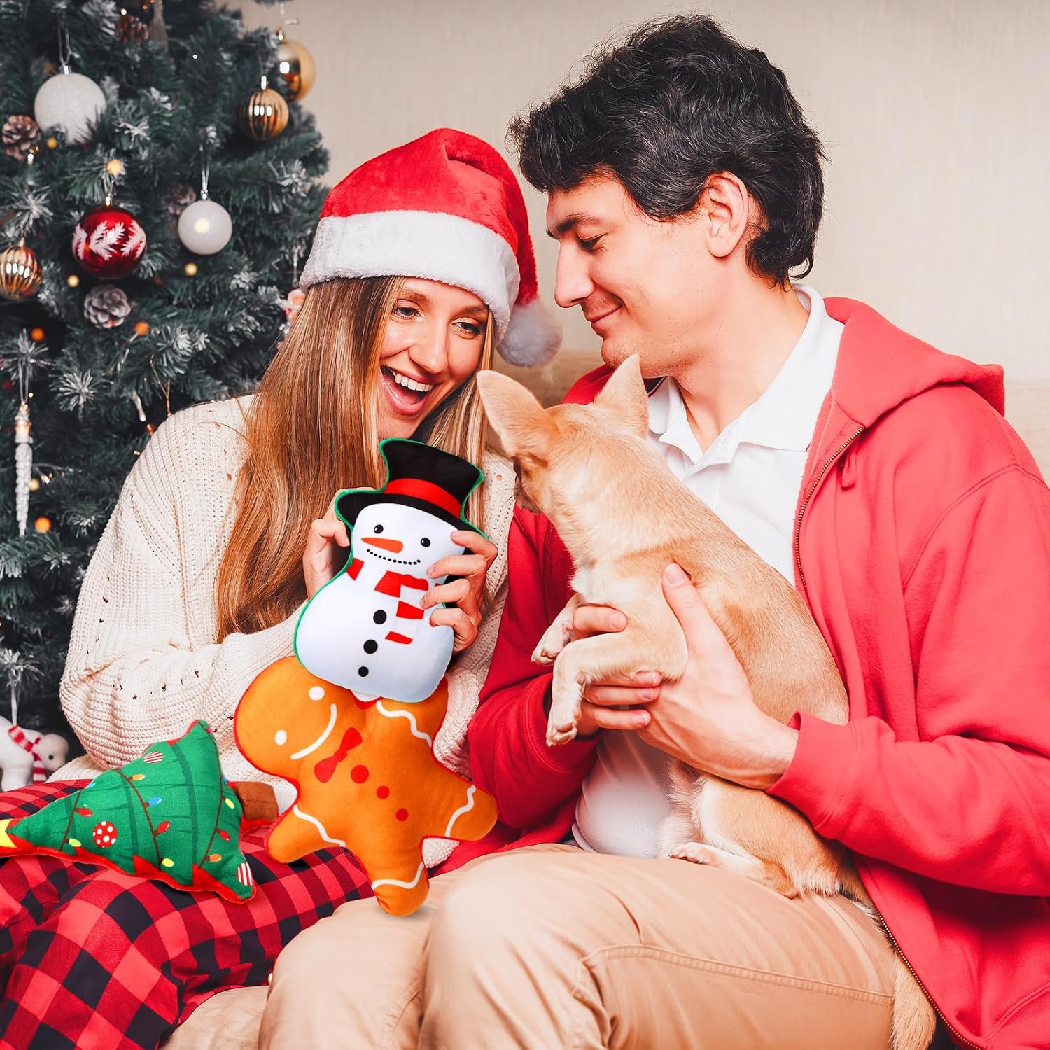 Leyndo 24 Pieces Christmas Squeaky Dog Toys Bulk Xmas Stuffed Plush Dog Toys Dog Interactive Teething Chew Toys for Christmas Small Medium Large Dogs Puppies Pet Teething Cleaning and Training