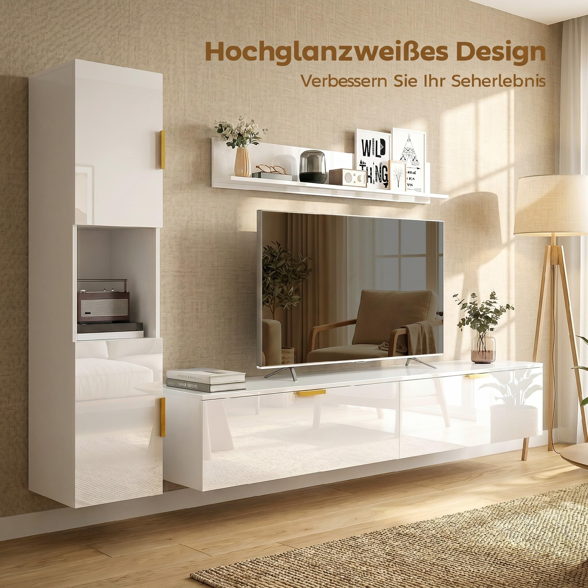 HOMCOM Wohnwand Wohnzimmer 3-teiliges TV Set mit Wandregal und Aufbewahrungsschrank, Fernsehschrank Lowboard mit Klapptüren, passend für Fernseher bis 55", Hochglanzweiß
