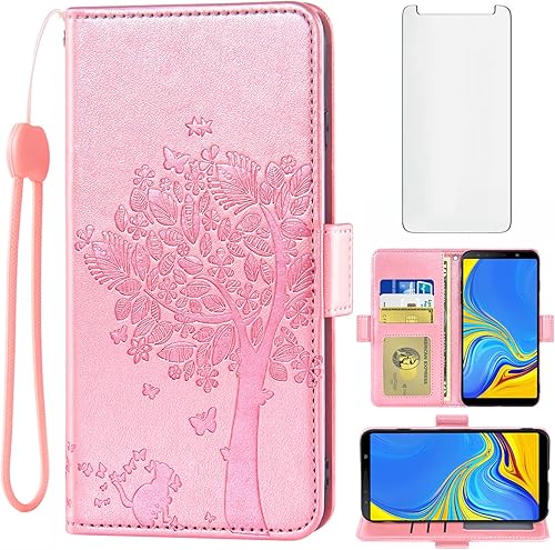 Asuwish Compatible con Samsung Galaxy A7 2018 Funda tipo cartera y protector de pantalla de vidrio templado, correa de muñeca con tirón, soporte