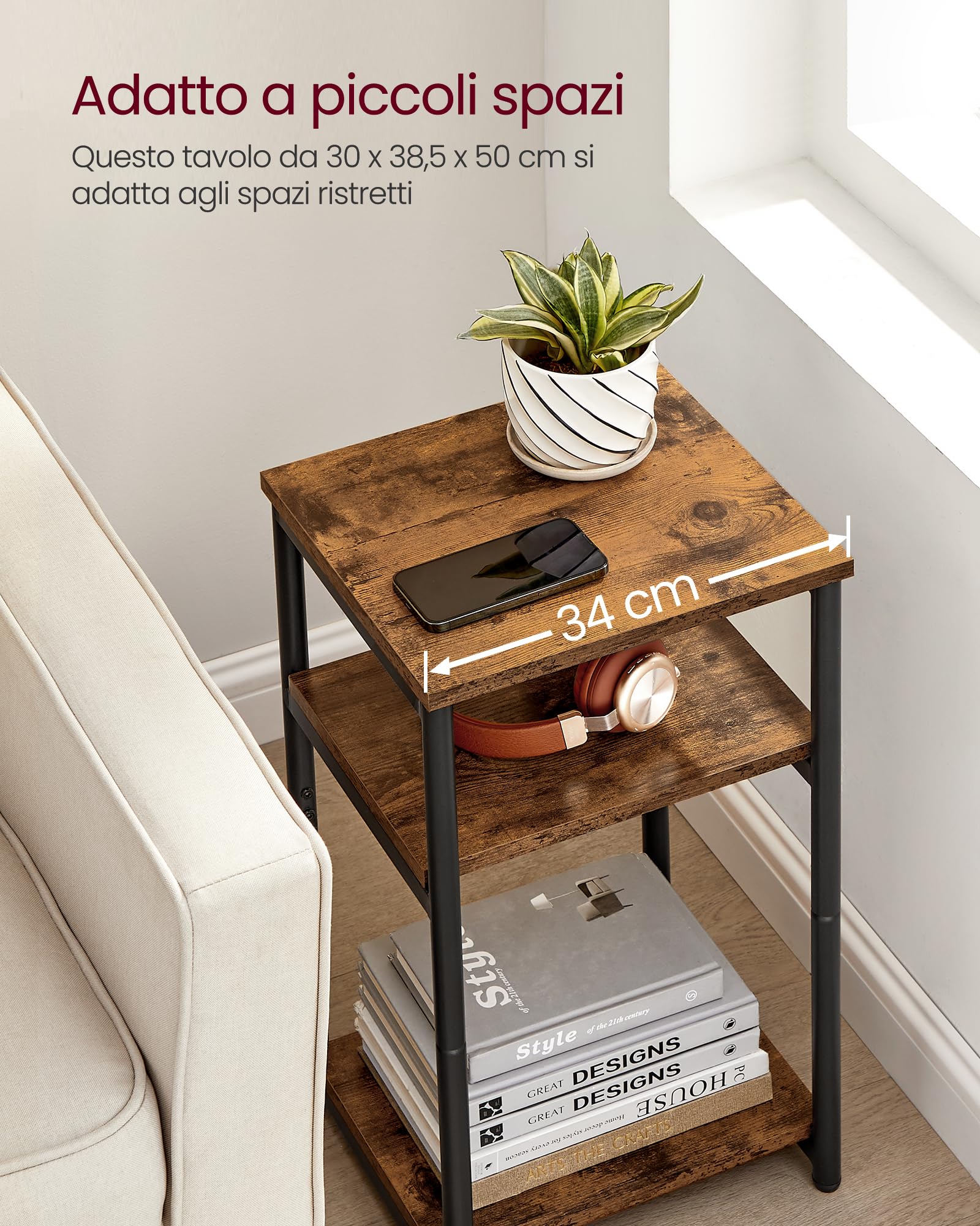 VASAGLE Tavolino da Divano, Tavolino a 3 Livelli, Comodino con Struttura in Acciaio, per Soggiorno, Camera da Letto, Studio, Marrone Vintage e Nero Inchiostro LET273B01