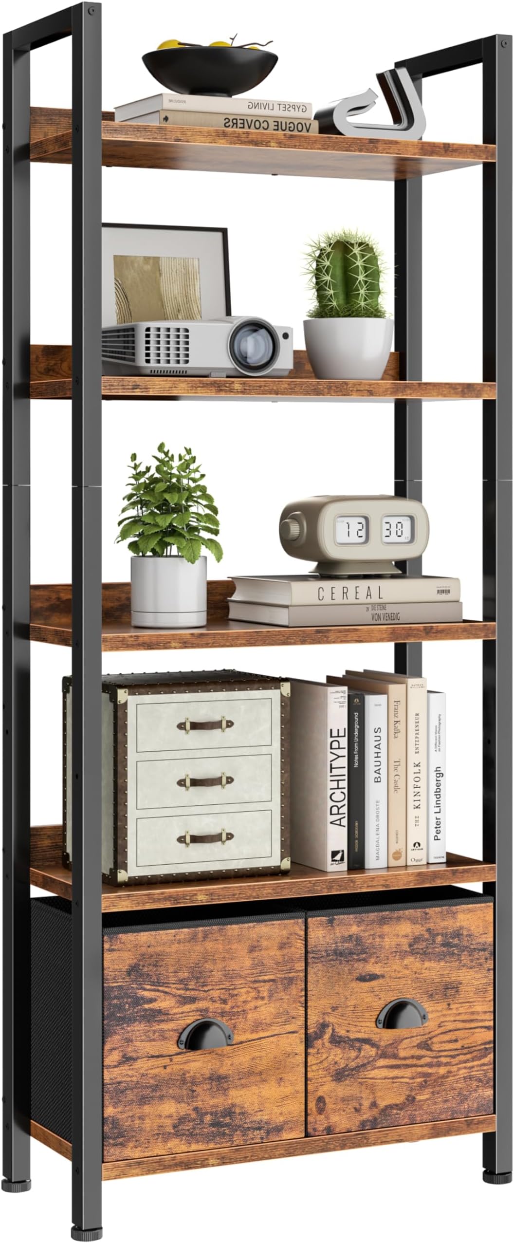 Furologee 5-Tier Bookshelf, Tall Bookcase with 2 Storage Drawers, Industrial Standing Storage Shelf, Wood Metal Display Rack for Living Room Bedroom Home Office, Rustic Brown